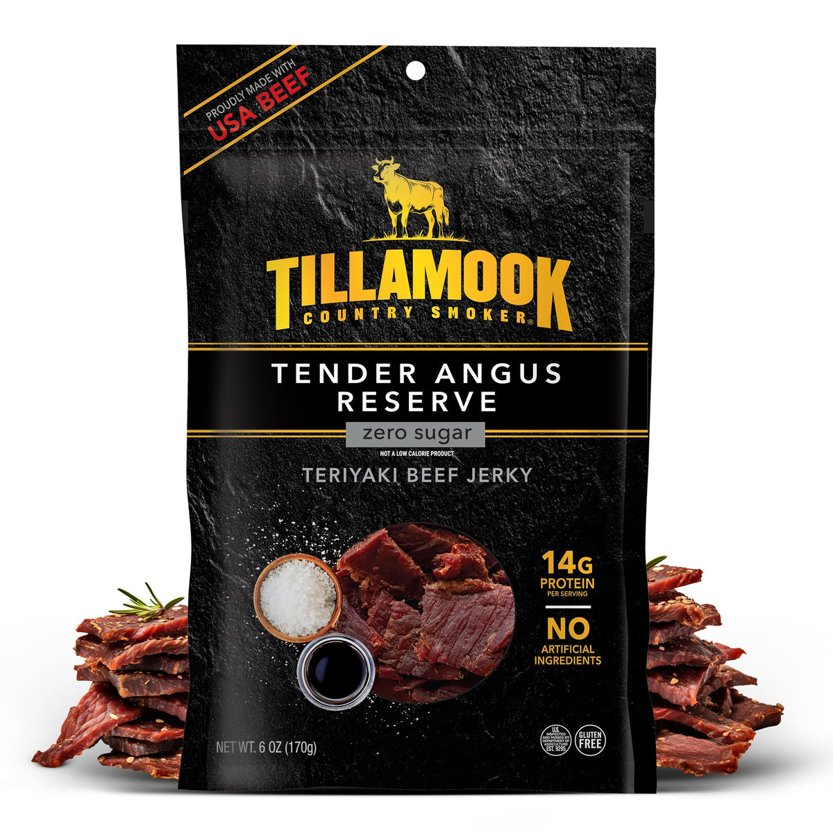 Tillamook Country Smoker Tender Angus Reserve Teriyaki Jerky packshot highlighting premium beef and zero sugar