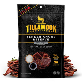 Tillamook Country Smoker Tender Angus Reserve Teriyaki Jerky packshot highlighting premium beef and zero sugar