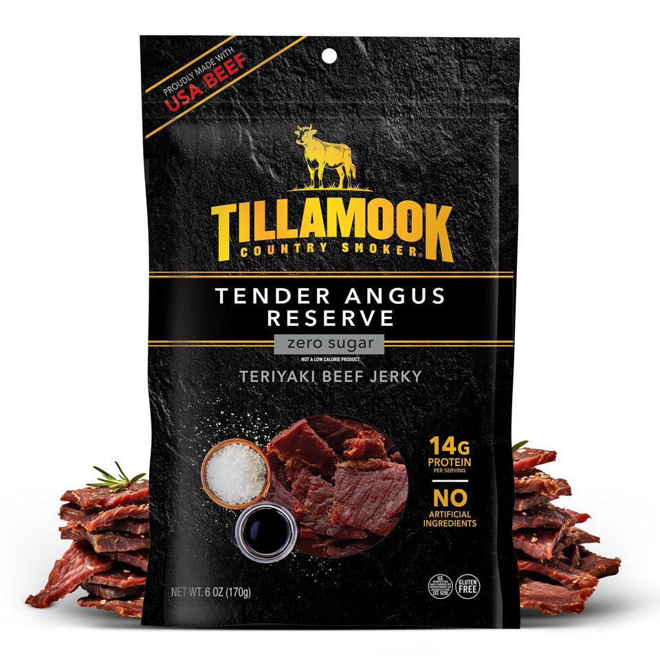 Tillamook Country Smoker Tender Angus Reserve Teriyaki Jerky packshot highlighting premium beef and zero sugar