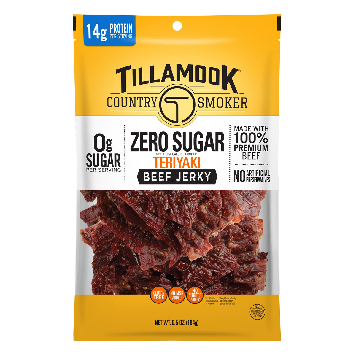Tillamook Country Smoker Teriyaki Beef Jerky bag highlights protein-rich, zero sugar snack.