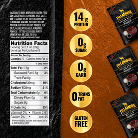 Tillamook Country Smoker Teriyaki Jerky close-up with real hardwood smoke aroma and protein boost