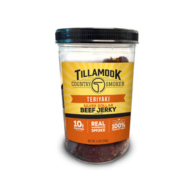 Tillamook Country Smoker Teriyaki Silver Dollar Jerky jar with reseal for fresh snacking on the go.