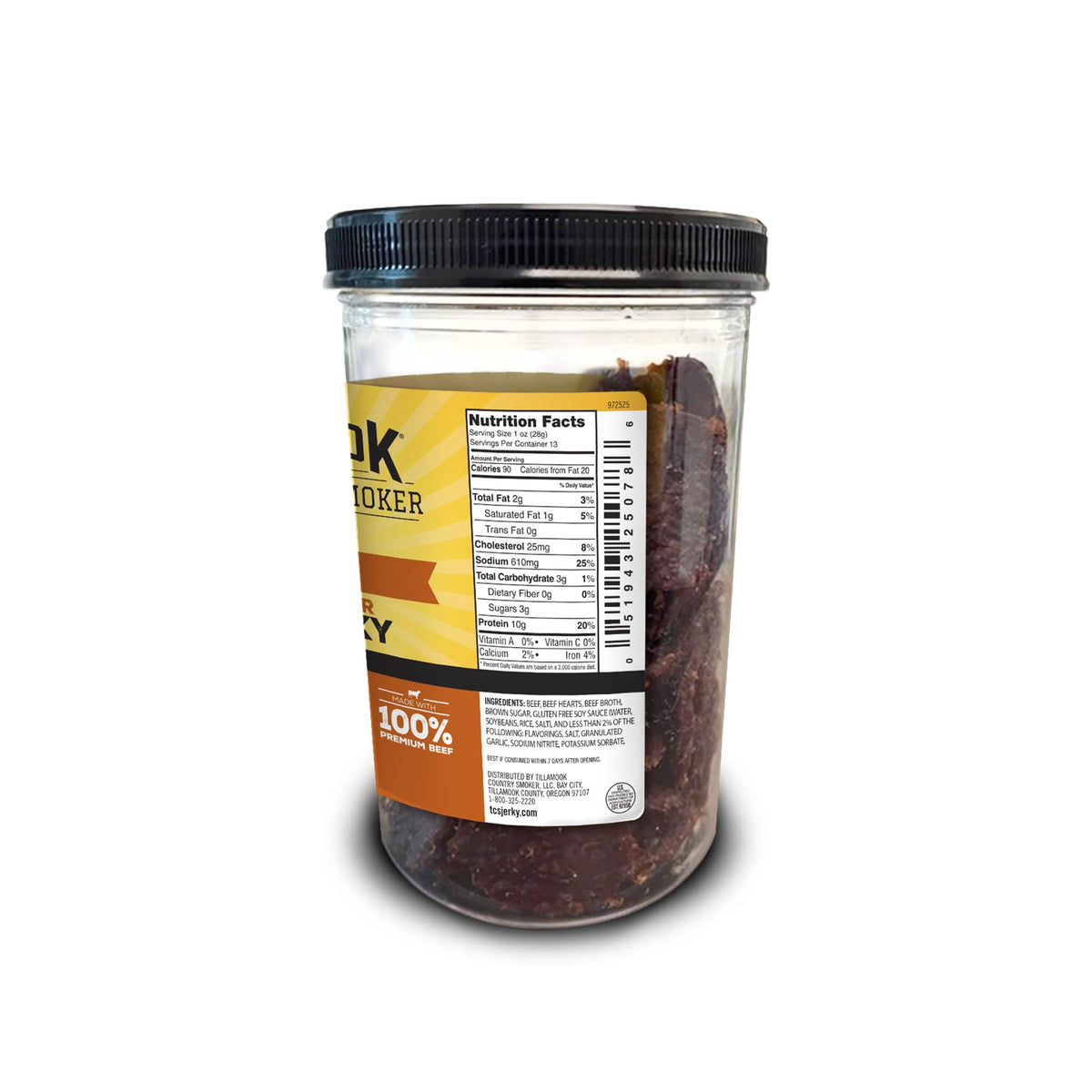 Close-up jerky slices showing chewy texture and teriyaki gloss from Tillamook Country Smoker.