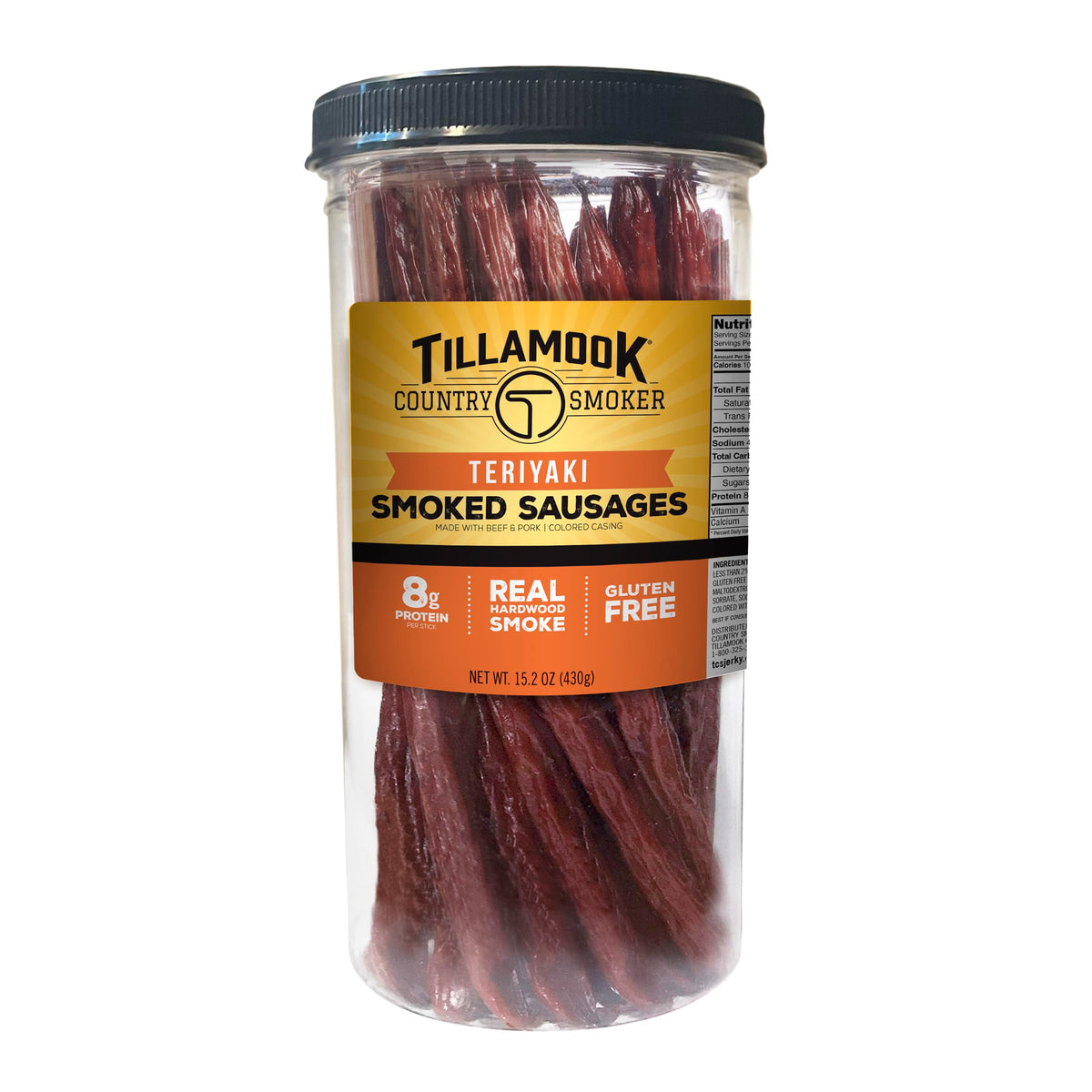 Tillamook Country Smoker Teriyaki sausages jar front, resealable for easy on-the-go snacking.