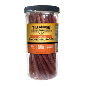Tillamook Country Smoker Teriyaki sausages jar front, resealable for easy on-the-go snacking.