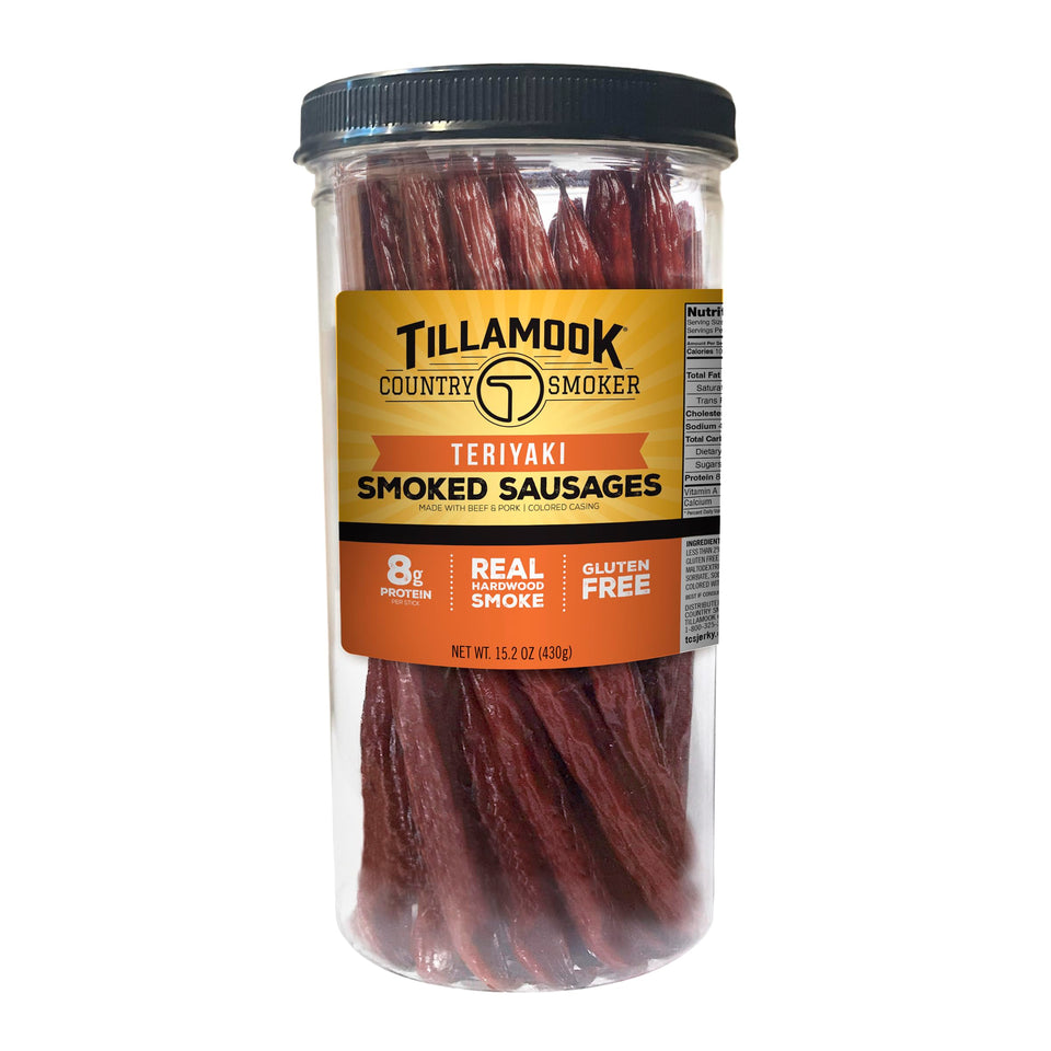 Tillamook Country Smoker Teriyaki sausages jar front, resealable for easy on-the-go snacking.