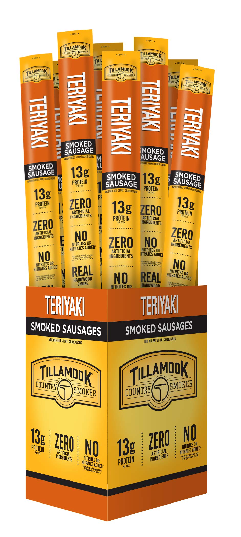 Tillamook Country Smoker Teriyaki Sticks package shows a ready-to-eat protein snack on the go.
