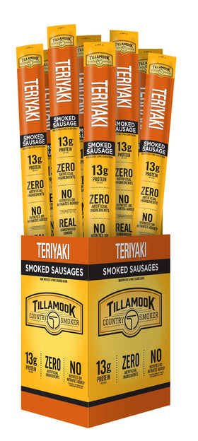 Tillamook Country Smoker Teriyaki Sticks package shows a ready-to-eat protein snack on the go.