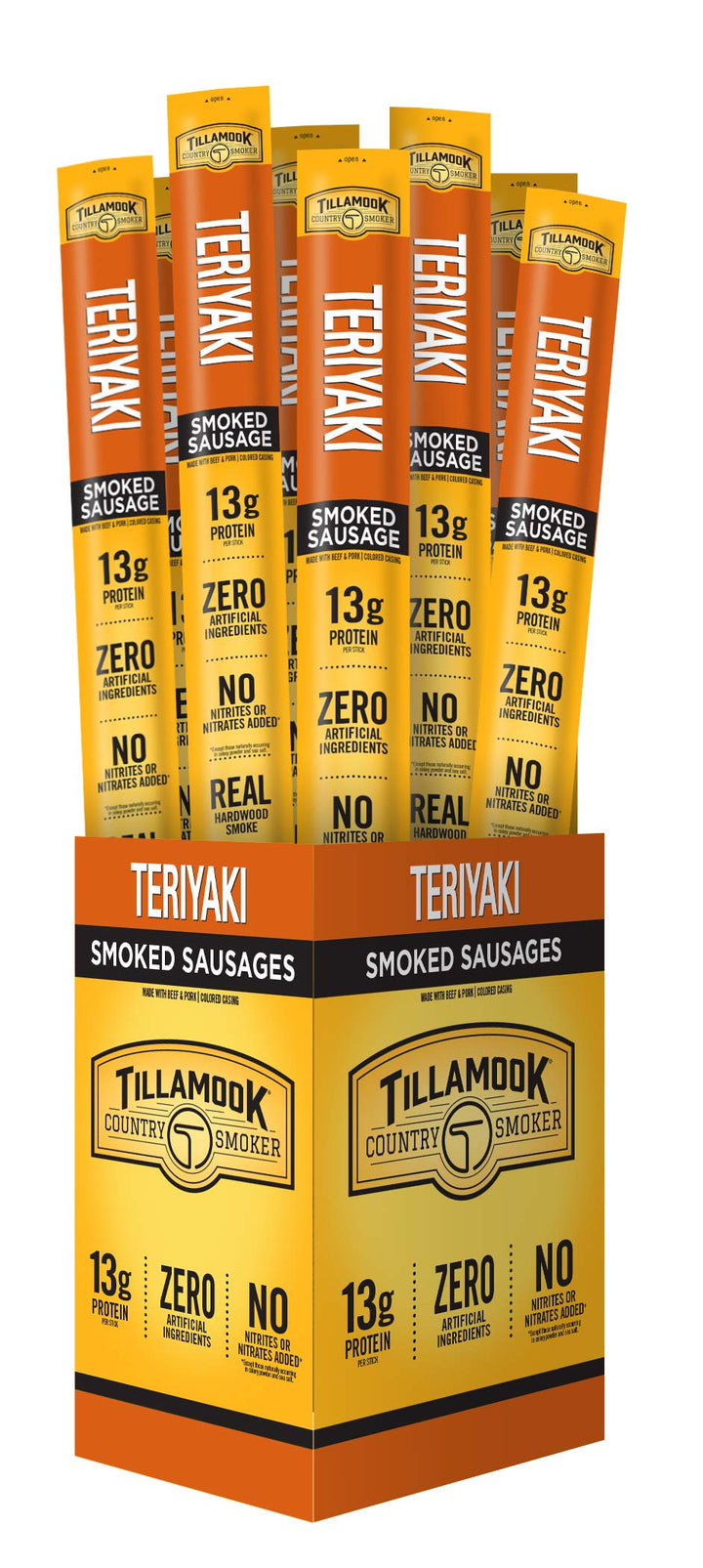 Tillamook Country Smoker Teriyaki Sticks package shows a ready-to-eat protein snack on the go.