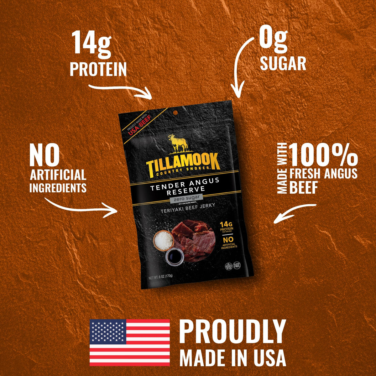 Tillamook Tender Angus Reserve Jerky slices exhibit tender texture and gluten-free with no artificial ingredients