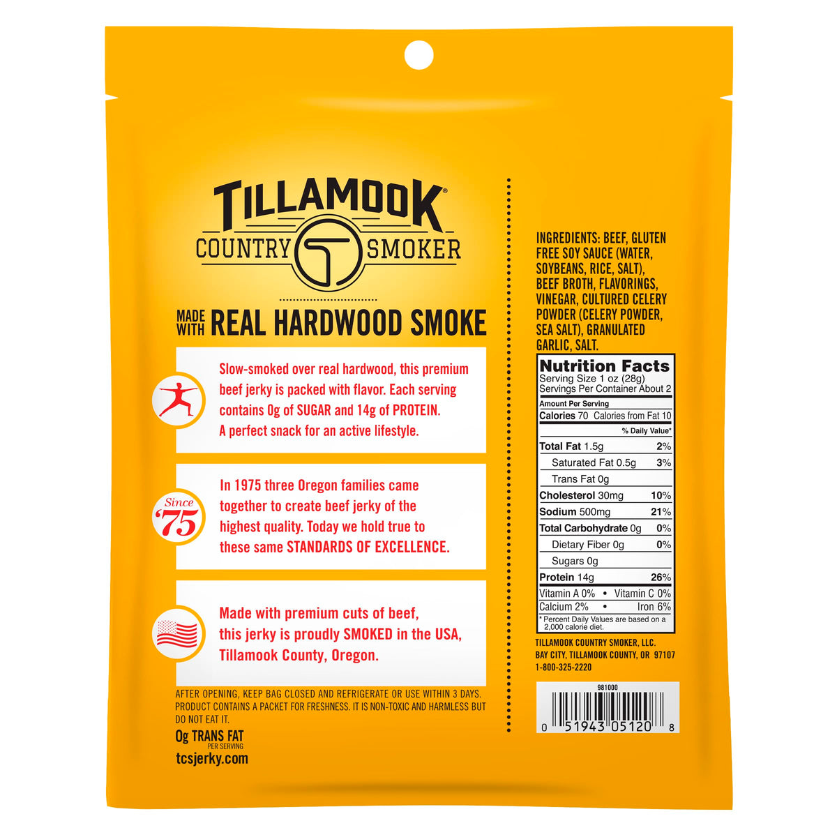 Tillamook Country Smoker zero sugar beef jerky original close-up texture showing quality beef.