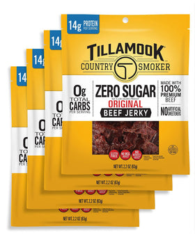 Tillamook Country Smoker zero sugar beef jerky original front view, keto-friendly protein snack.