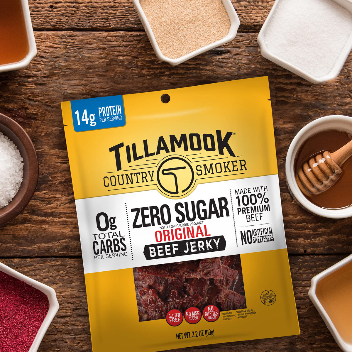 Tillamook Country Smoker zero sugar beef jerky original kitchen-counter display.