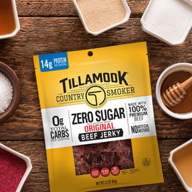 Tillamook Country Smoker zero sugar beef jerky original kitchen-counter display.