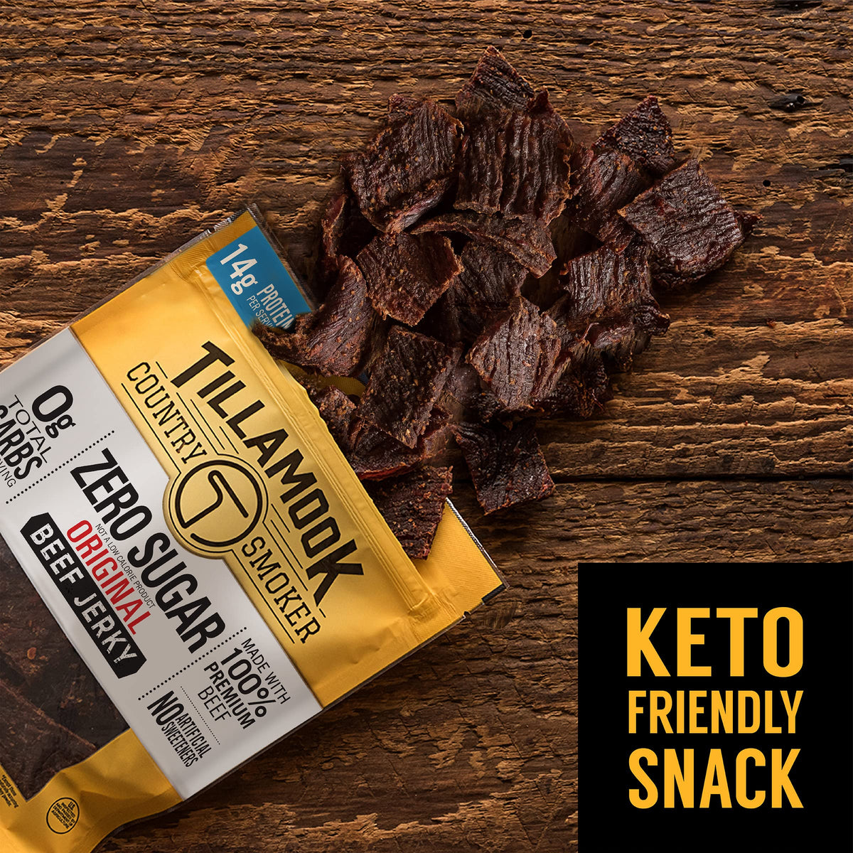 Tillamook Country Smoker zero sugar beef jerky original serving on plate, ready to eat.
