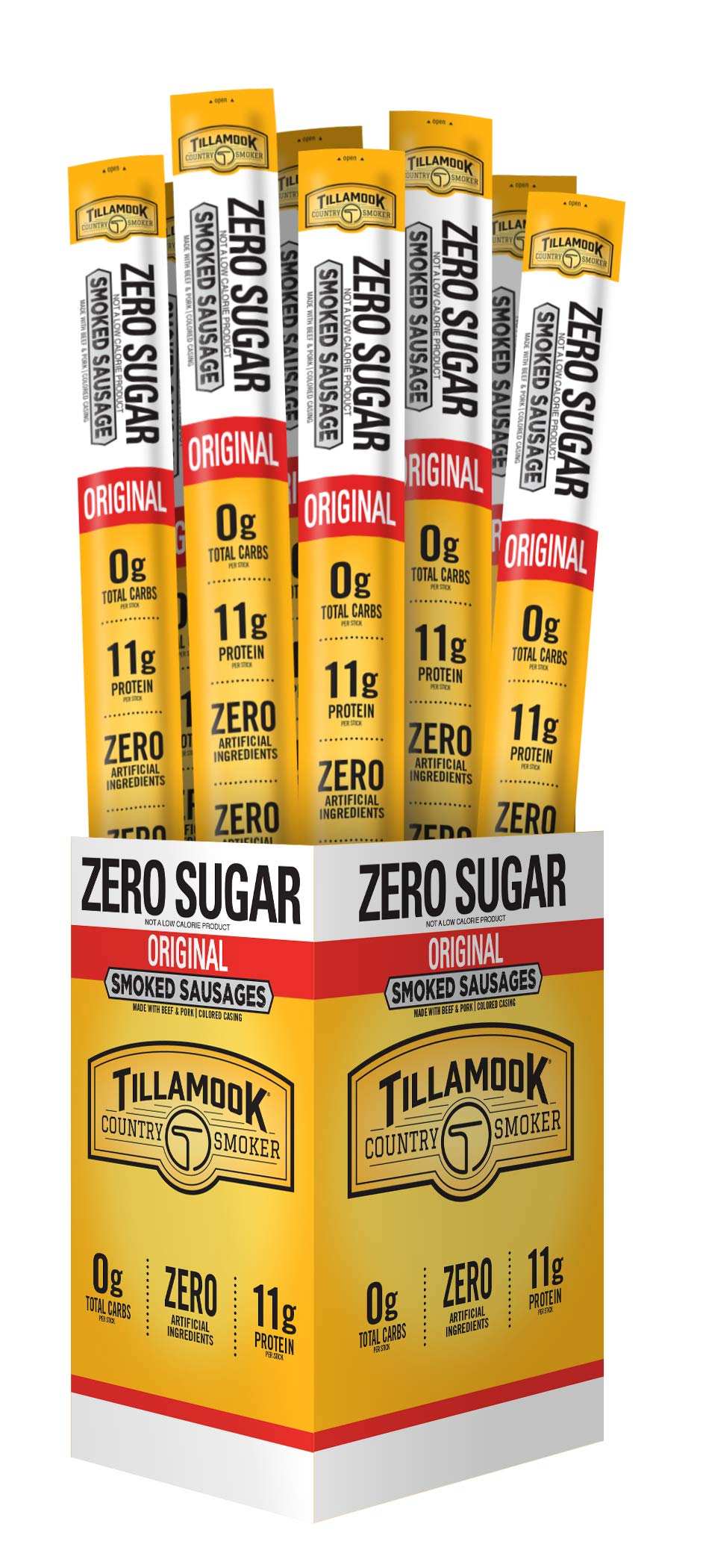 Tillamook Country Smoker zero sugar original sausage packaging close-up for keto snacking