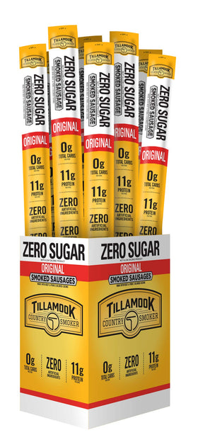 Tillamook Country Smoker zero sugar original sausage packaging close-up for keto snacking