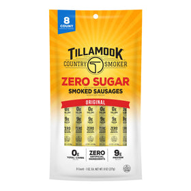 Tillamook Country Smoker zero sugar original smoked sausages, 8-pack perfect for keto snacking.