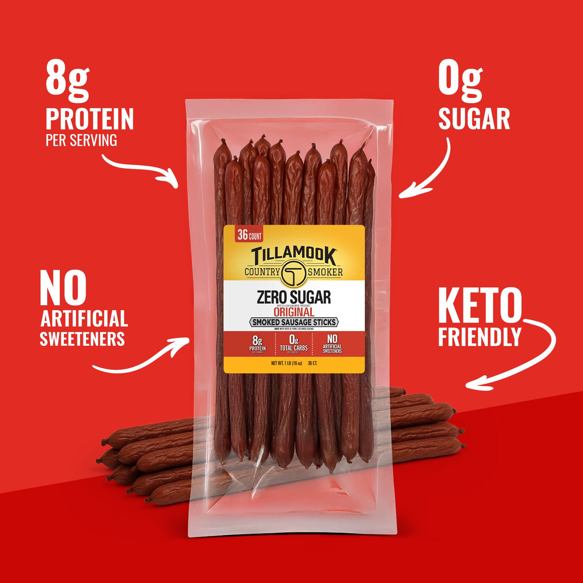 Tillamook Country Smoker meat sticks close-up highlighting zero sugar