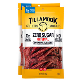 Tillamook Country Smoker Zero Sugar Original Smoked Sausages pack, keto-friendly protein.