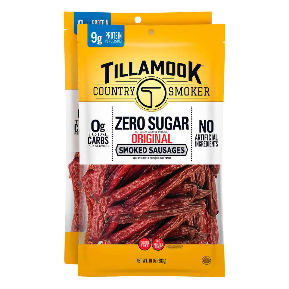 Tillamook Country Smoker Zero Sugar Original Smoked Sausages pack, keto-friendly protein.