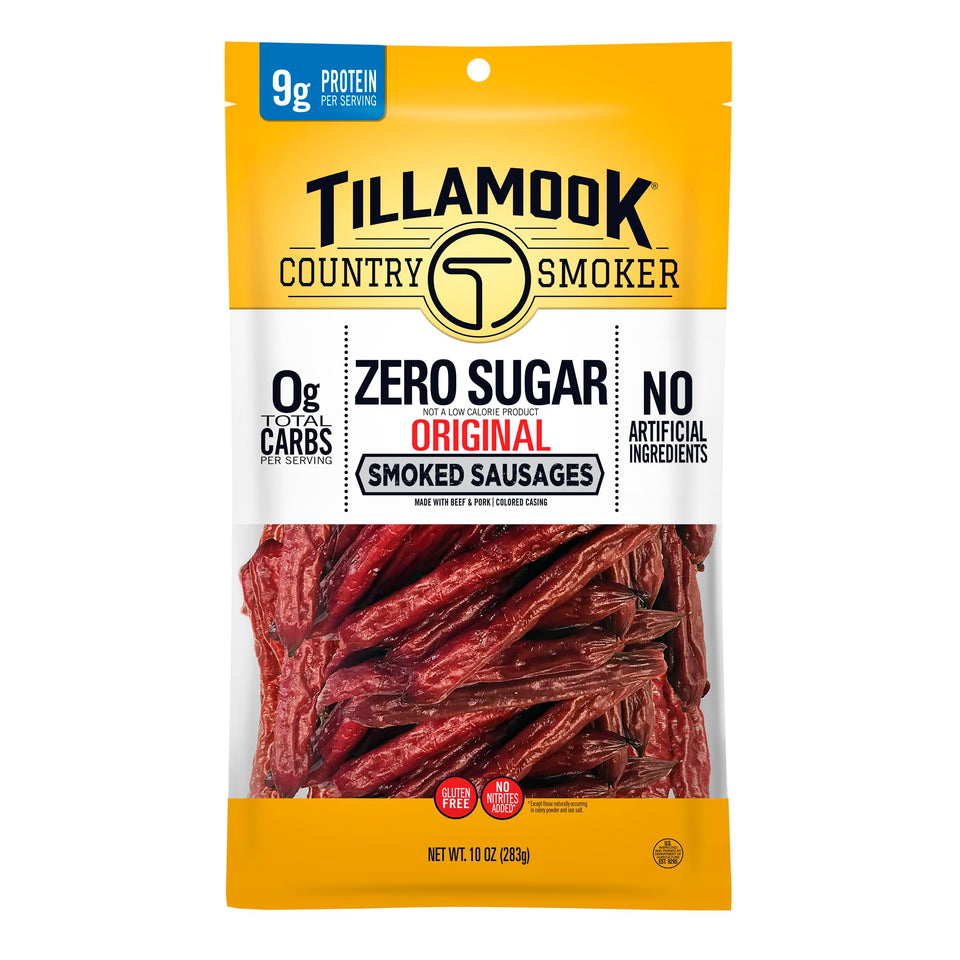 Tillamook Country Smoker zero sugar original smoked sausages pack on kitchen counter for keto snacking