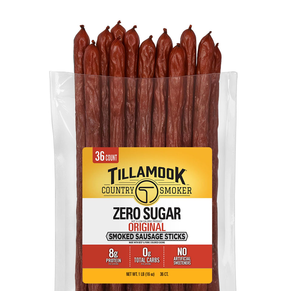 Tillamook Country Smoker Zero Sugar Original sausages packaging with hardwood smoke flavor