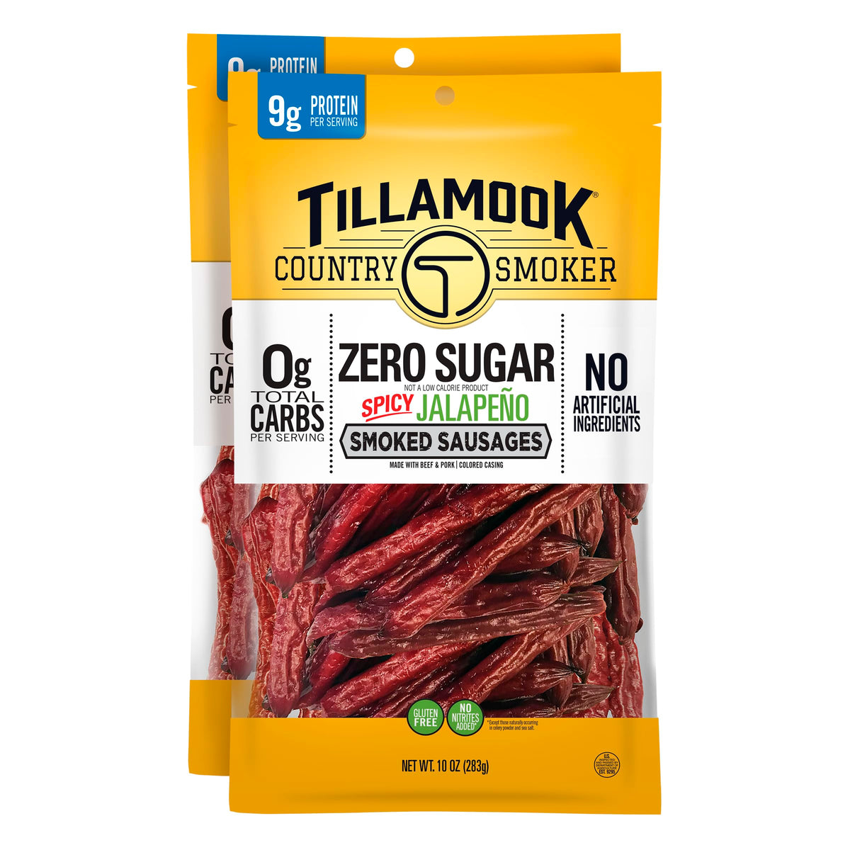 Tillamook Country Smoker zero sugar spicy jalapeno sausages pack on counter, keto-friendly protein boost.