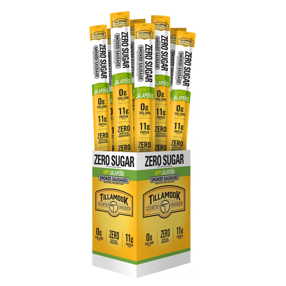 Tillamook Country Smoker zero sugar spicy jalapeño sausages pack for on-the-go snacking.