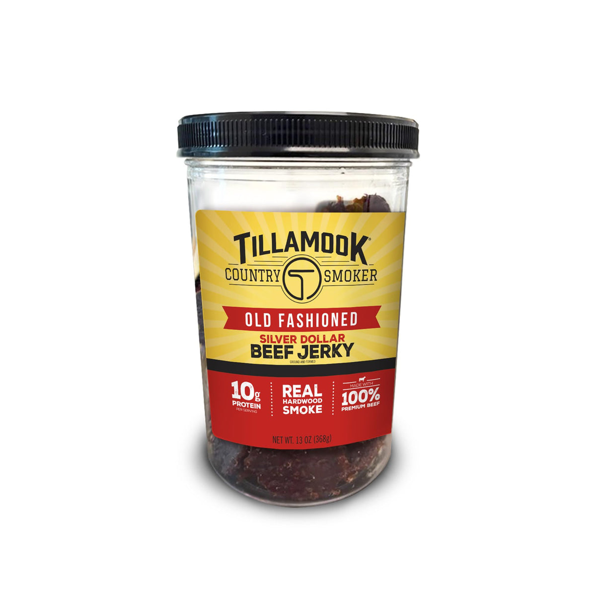 Tillamook Old Fashioned Silver Dollar Jerky jar front displays premium beef and reseal-friendly packaging