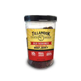 Tillamook Old Fashioned Silver Dollar Jerky jar front displays premium beef and reseal-friendly packaging