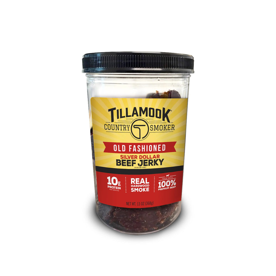 Tillamook Old Fashioned Silver Dollar Jerky jar front displays premium beef and reseal-friendly packaging