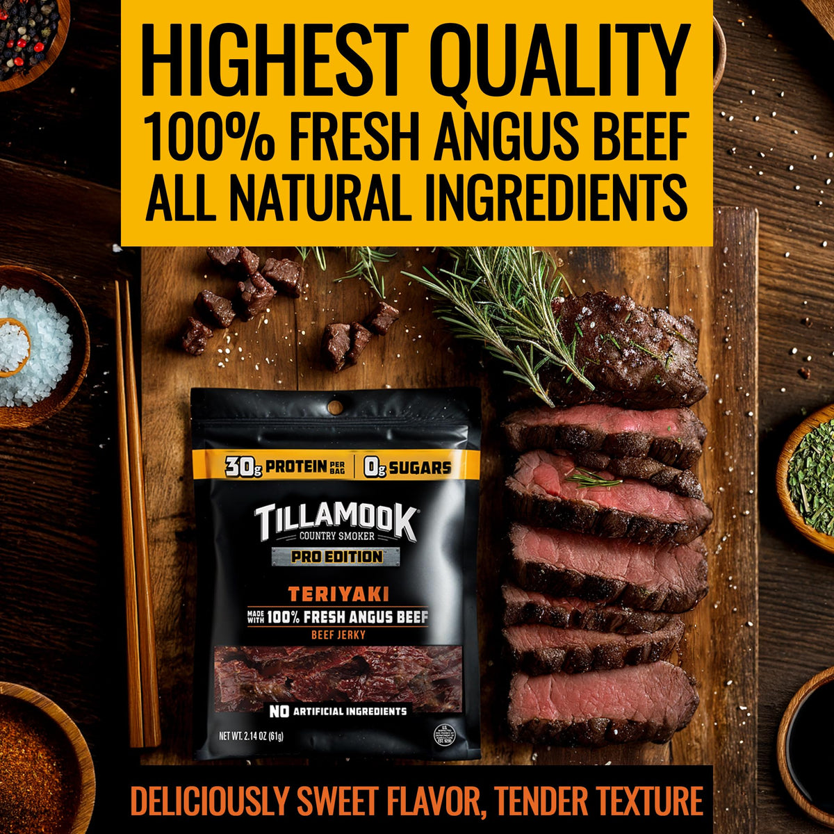 Tillamook Country Smoker PRO Edition Angus beef jerky slices, robust energy