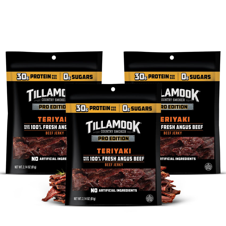 Tillamook Country Smoker PRO Edition Zero Sugar Teriyaki jerky, protein-packed on-the-go snack