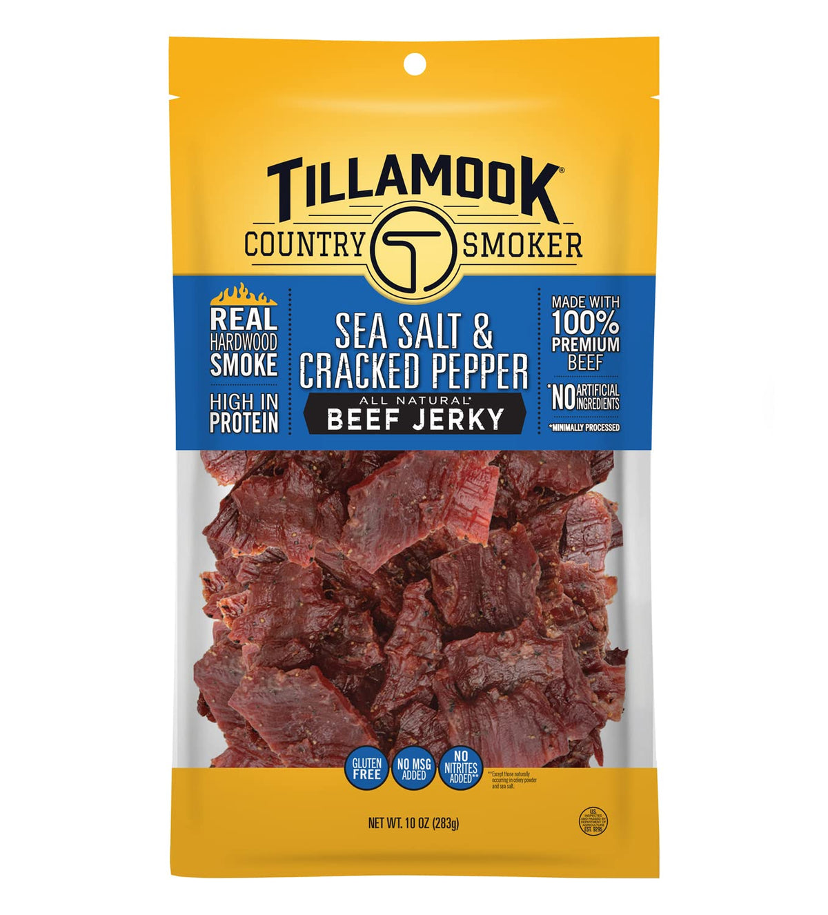 Tillamook Sea Salt Cracked Pepper beef jerky bag, ideal for on-the-go protein.