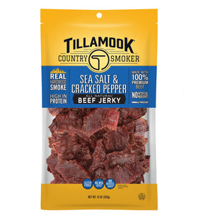 Tillamook Sea Salt Cracked Pepper beef jerky bag, ideal for on-the-go protein.