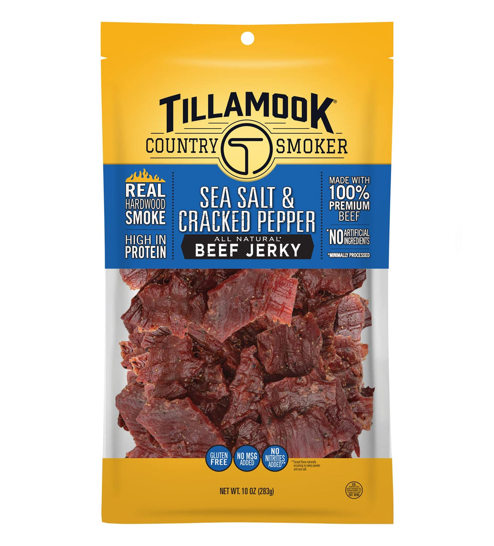Tillamook Sea Salt Cracked Pepper beef jerky bag, ideal for on-the-go protein.