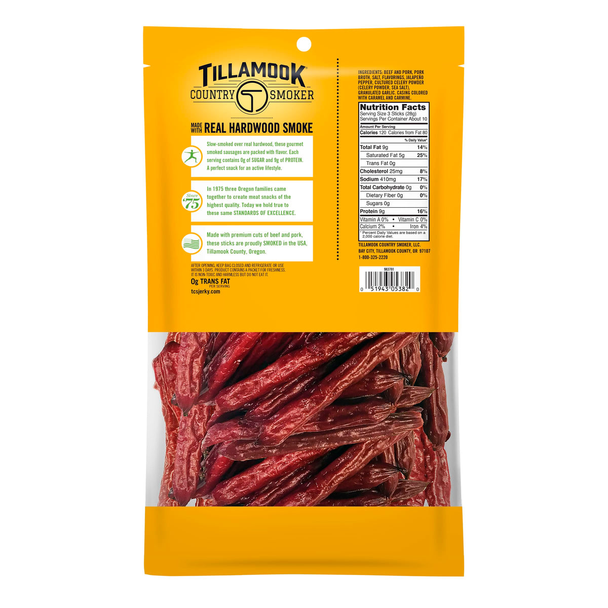 Tillamook spicy jalapeño meat sticks close-up showing heat and premium ingredients.