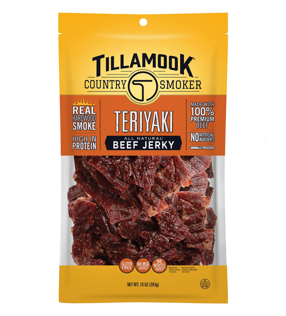 Tillamook Country Smoker Teriyaki Beef Jerky pack—premium protein for on-the-go snacking.