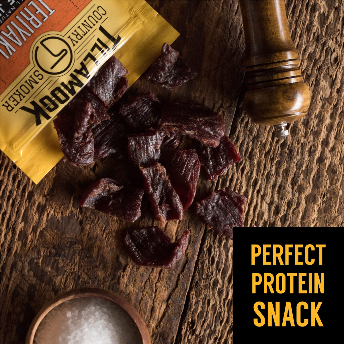 Tillamook Teriyaki Beef Jerky smoked over real hardwood—aroma and depth.