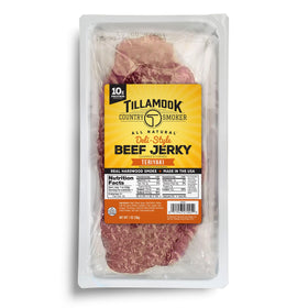 Tillamook Teriyaki Deli Style Thin Slab Jerky on a serving tray for on-the-go protein