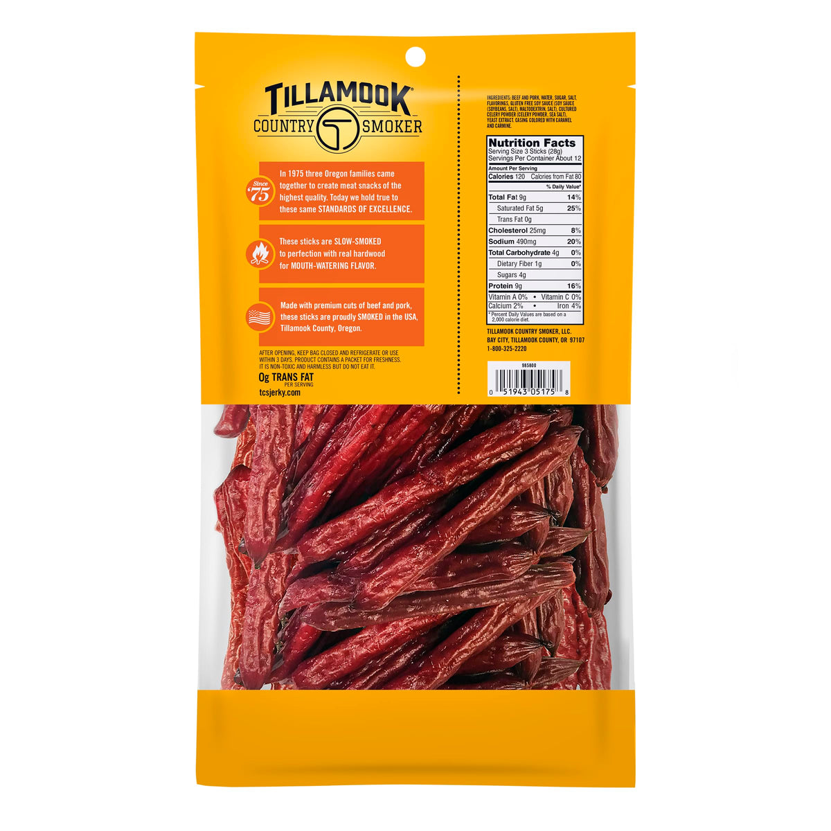 Tillamook Teriyaki Smoked Sausages closeup texture; juicy bite, smoky aroma.
