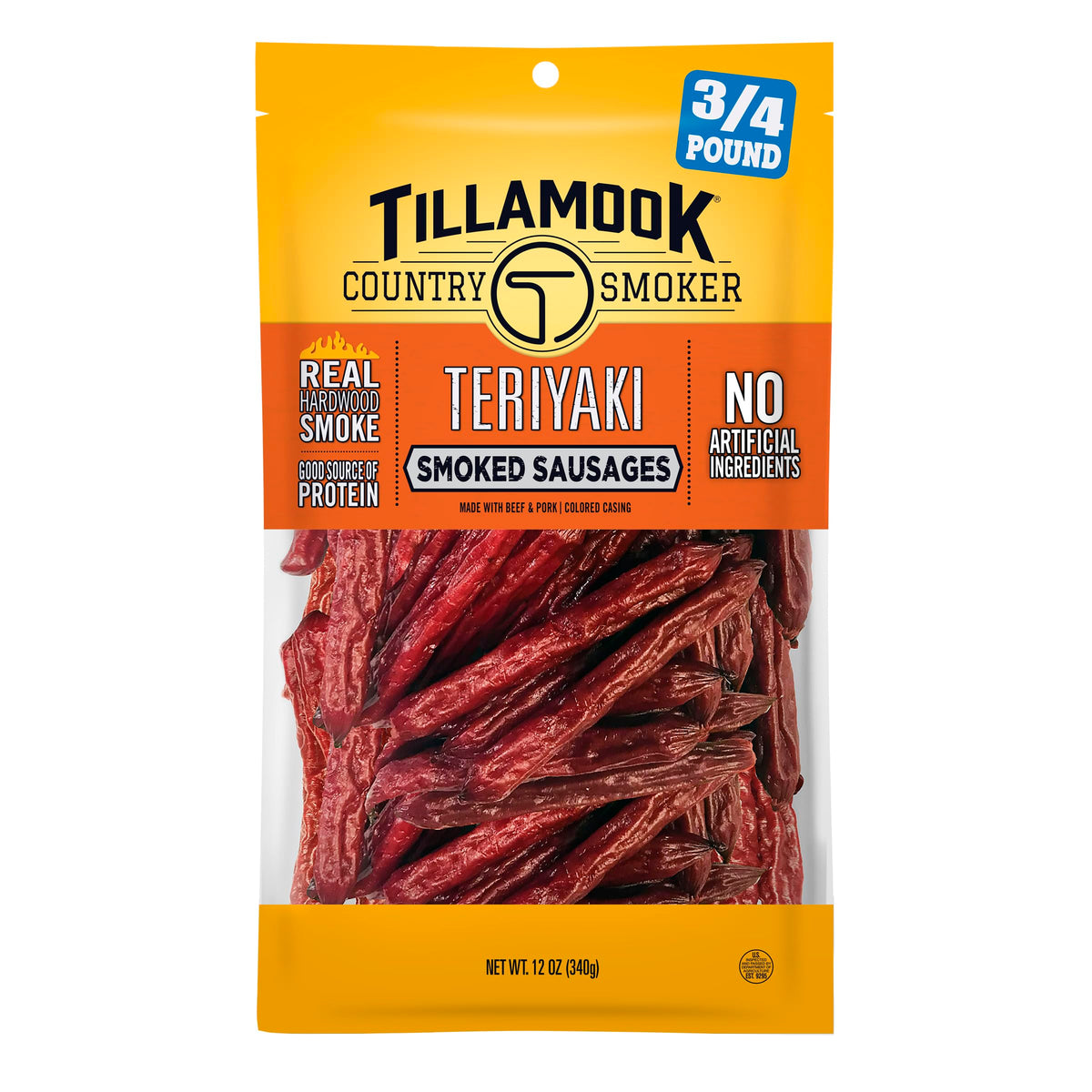 Tillamook Teriyaki Smoked Sausages front pack; premium flavor ready to enjoy.