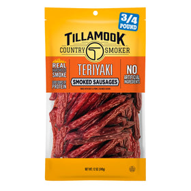 Tillamook Teriyaki Smoked Sausages front pack; premium flavor ready to enjoy.