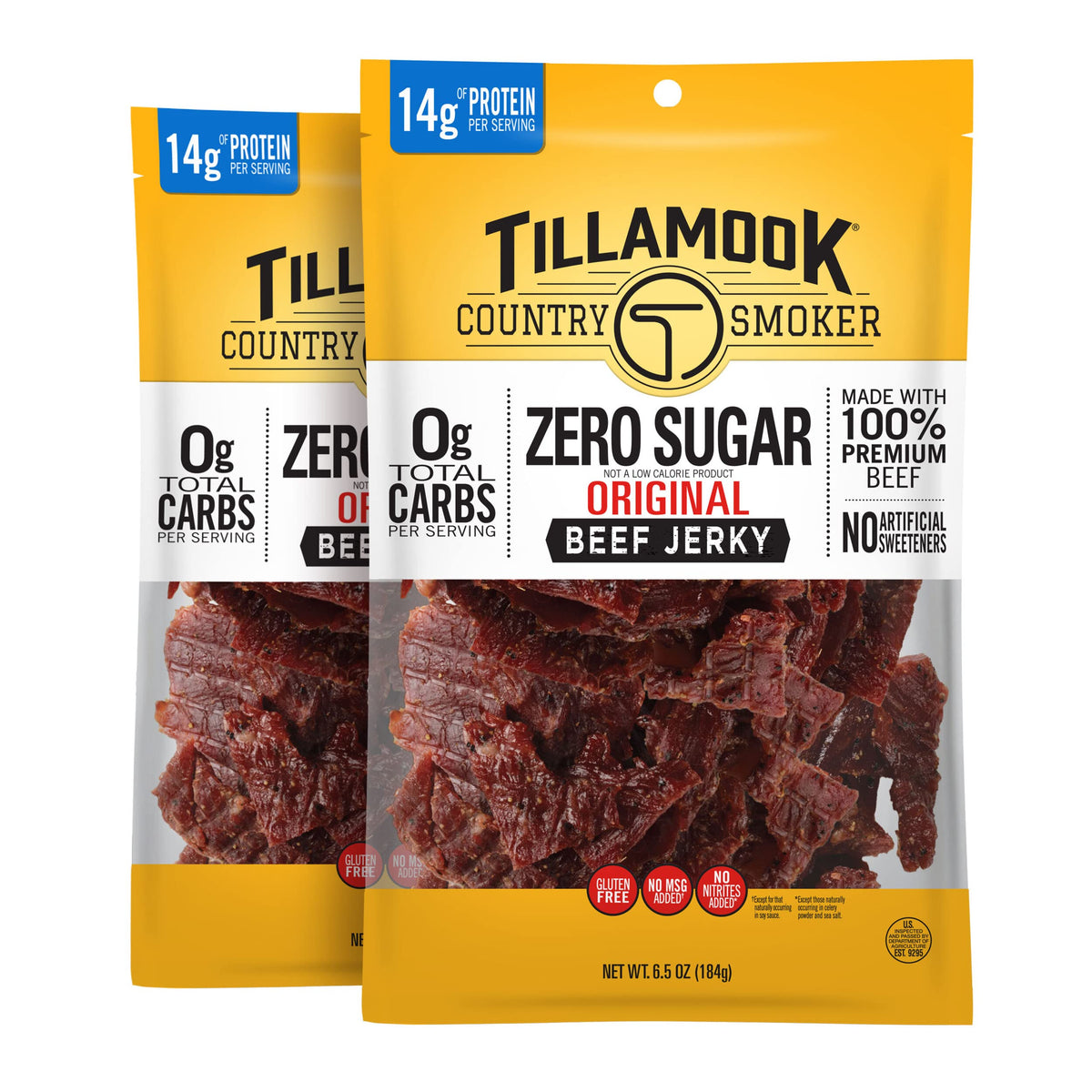 Tillamook Zero Sugar Original Beef Jerky pack shows 6.5 oz, 14 g protein per serving.