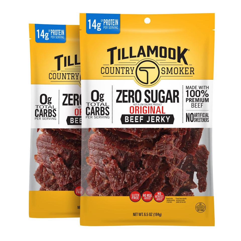 Tillamook Zero Sugar Original Beef Jerky pack shows 6.5 oz, 14 g protein per serving.