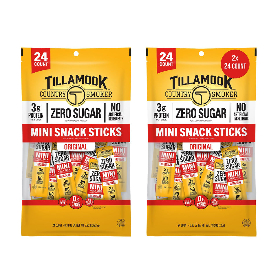 Tillamook Zero Sugar Original Mini Smoked Sausages in a ready-to-eat pack for lunches.