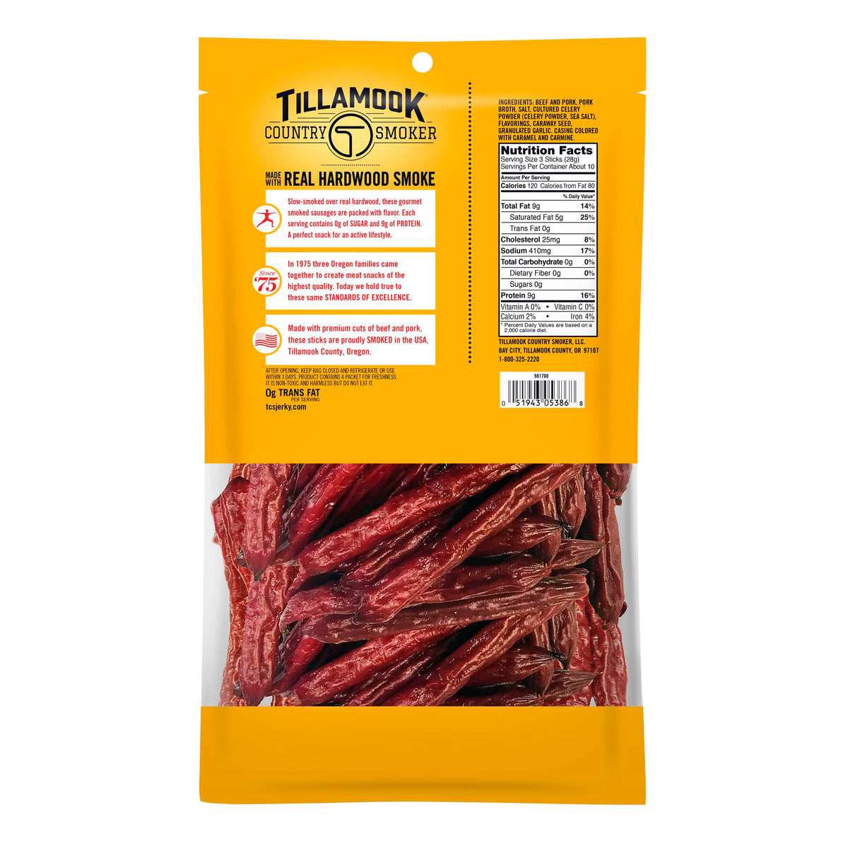 Tillamook Zero Sugar Original Smoked Sausages ideal for on-the-go snacking.