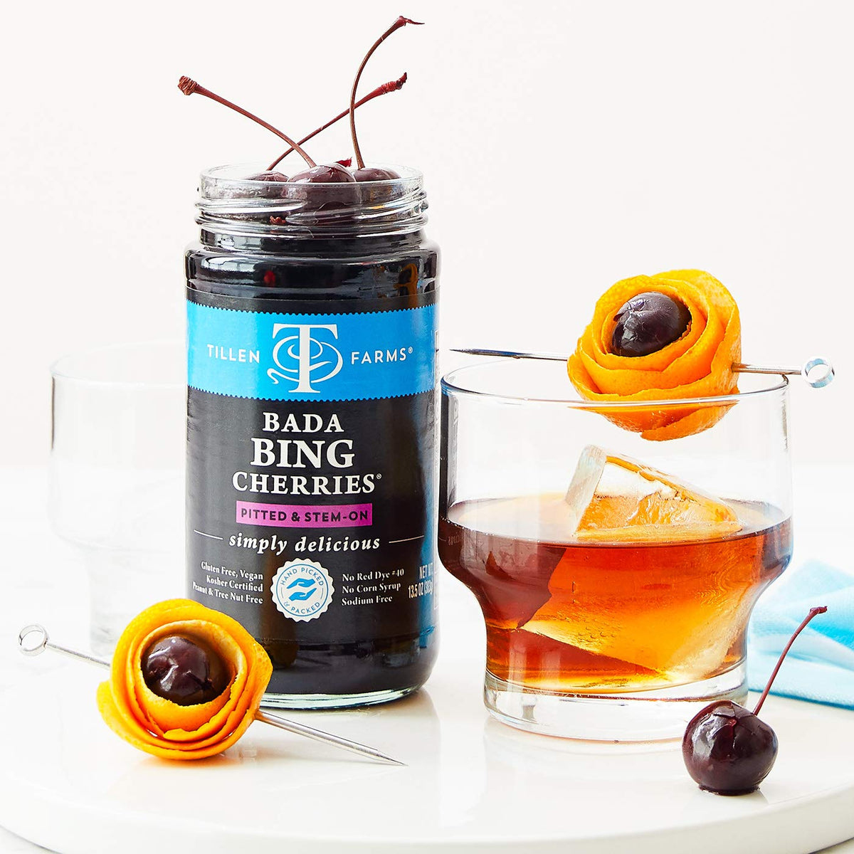 Tillen Farms Bada Bing cherries for cocktails; enhances bourbon and whiskey drinks.