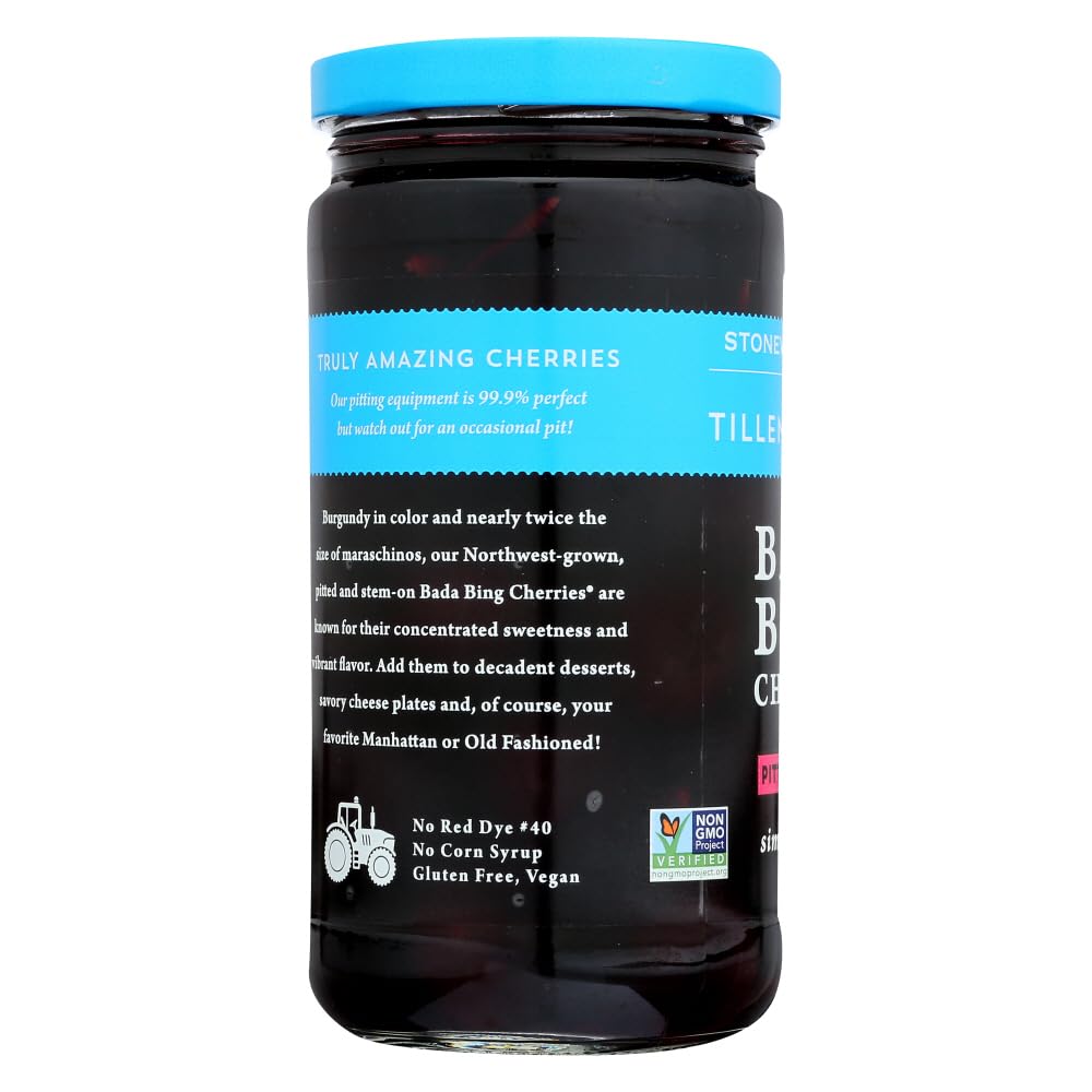Tillen Farms Bada Bing cherries jar-back view, natural sweetness from the Pacific Northwest.